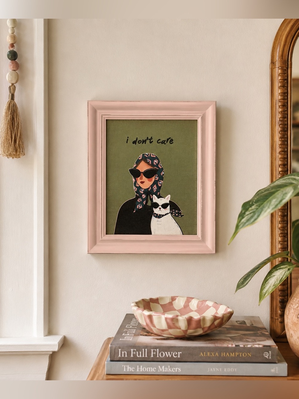 “I Don’t Care” Cat Lady Vintage Style Framed Wall Art Print Pink Green 10.5x12.5